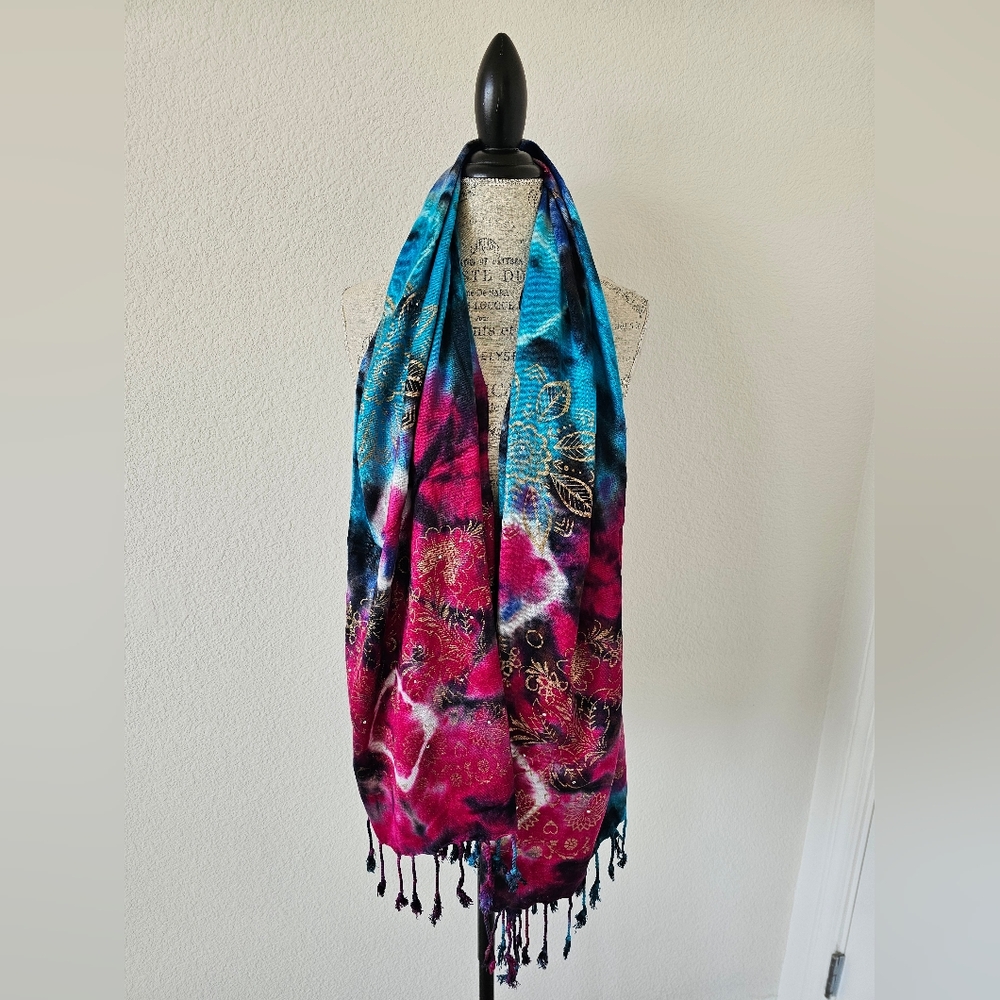 Artisan Tie-Dye Boho Wrap Shawl with Gold Foil